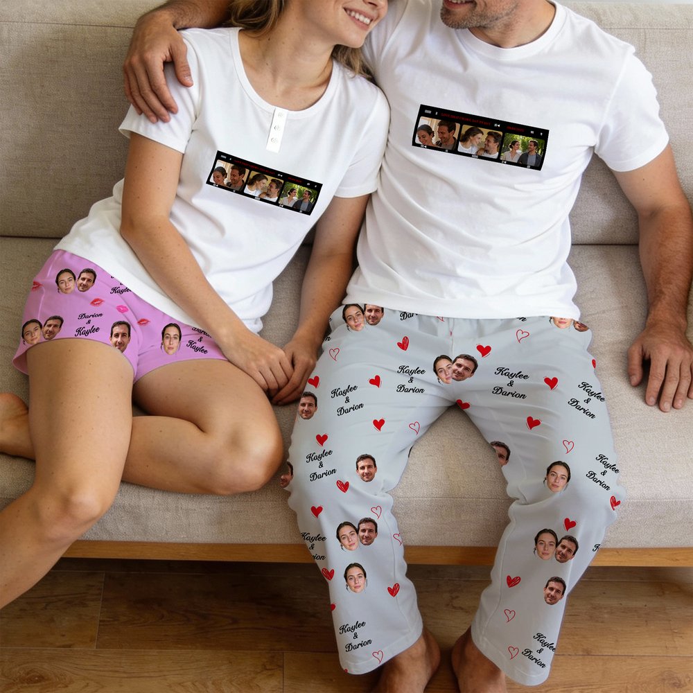 Personalized Picture Frame Face Photos Adult Pajamas Set with Names and Date Daily Wear Valentine's Day Anniversary Birthday Gift for Couple 3