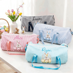 Personalised Watercolour Bow Bunny Easter Egg Striped Canvas Large Capacity Travel Bag with Name and Shoulder Strap Easter Gift for Kids