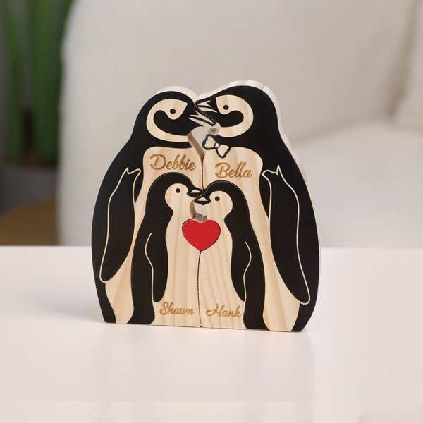 Pingüino negro de madera personalizado Familia Corazón rojo Puzzle con 2-5 nombres grabados Decoración del hogar Cumpleaños Aniversario Regalo para la familia