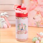 Gepersonaliseerde Schattige Konijn Paaseieren Bloem 12 oz Geïsoleerde Waterfles met Rietje en Morsvrij Deksel Paasdag Cadeau voor Kinderen