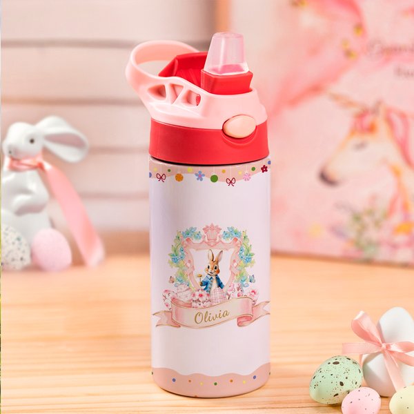 Personalisierte niedliche Kaninchen Ostereier Blume 12 oz isolierte Wasserflasche mit Strohhalm und Spill-Proof-Deckel Ostertag Geschenk für Kinder