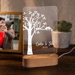Lámpara de noche LED personalizada Love Birds con base de madera y nombres de pareja Decoración de escritorio Regalo romántico para parejas en San Valentín