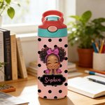 Personalised Polka Dot Cute Cartoon Black Girl Name 12 oz 16 oz Water Bottle with Straw and Handle Back to School Birthday Gift for Girls