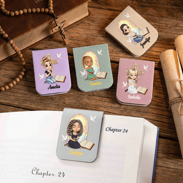 Personalised Cross Bible Book Cartoon Prayer Character PU Leather Magnetic Bookmark Clip with Name Birthday Gift for Bookworms
