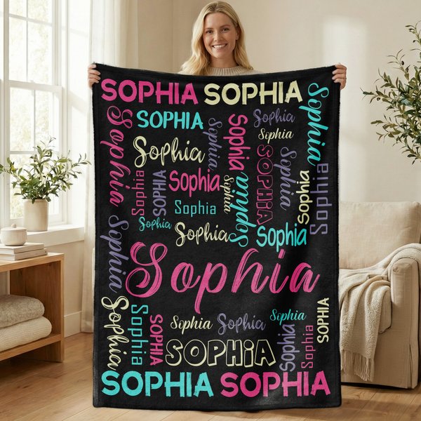 Personalised Multicolor Word Cloud Soft Throw Blanket with Name Home Decor Birthday Gift for Family Friends