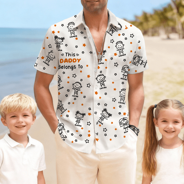 Personalized This Grandpa Belongs To Doodle Cute Line Cartoon Character Stylish Hawaiian Shirt with Name Father's Day Birthday Gift for Man Dad Family