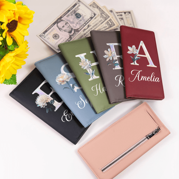 Personalized Pearl Effect Birth Flower  PU Leather Long Billfold Wallet with Name Daily Use Birthday Gift for Woman