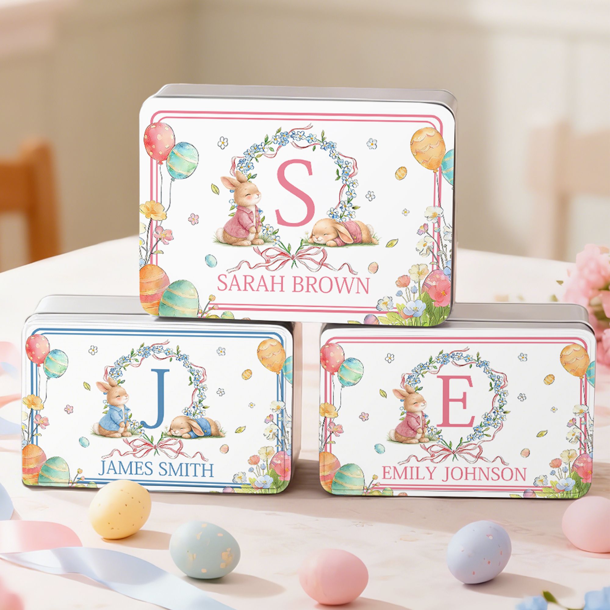 Personalisierte niedliche Hase Kranz Osterei Keksdose mit Text Lagerung Zubehör Ostern Party Geschenk für Jungen Mädchen