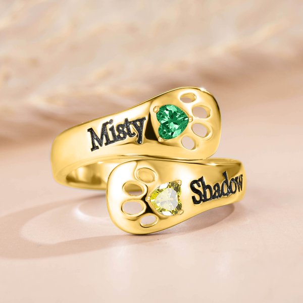 Personalized Dog Paw Double Heart Birthstones Sterling Silver Ring with Name Dainty Jewelry Birthday Memorial Remembrance Gift for Women Pet Lovers