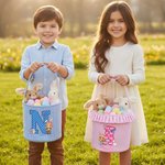Personalisierte niedlichen Kranz Hasenohren Cartoon Charakter Initial Plaid Osterkorb mit Namen Ostertag Eierjagd Geschenk für Kinder