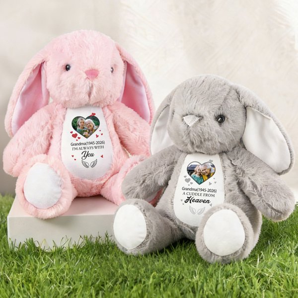 Personalised Cute Bunny Heart Photo Plush Stuffed Toy with Name Date and Text Easter Holiday Gift for Kids
