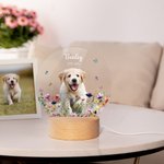 Personalized Floral Pet Photo LED Night Light with Name Date and Wooden Base Sympathy Memorial Loss of Pet Birthday Gift for Pet Owners Lovers