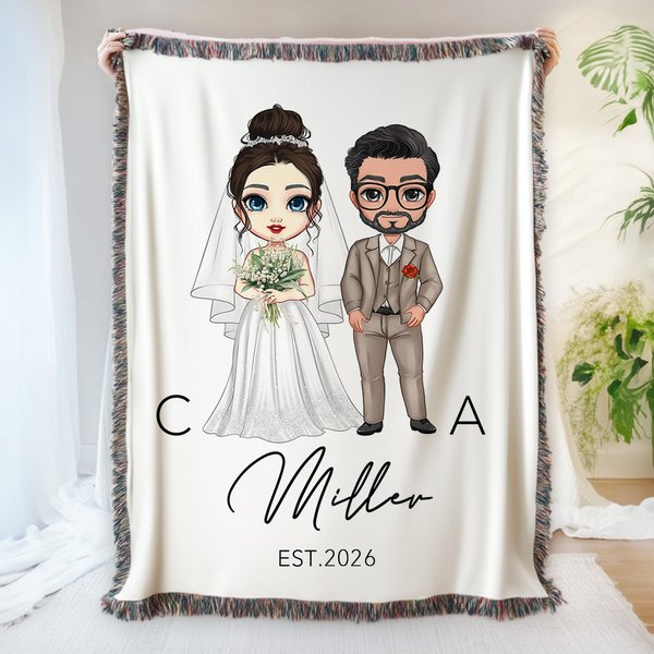 Personalized Cartoon Bride and Bridegroom Tassel Soft Throw Blanket with Family Name and Wedding Date Home Decor Valentine's Day Gift for Couples