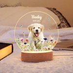 Personalized Floral Pet Photo LED Night Light with Name Date and Wooden Base Sympathy Memorial Loss of Pet Birthday Gift for Pet Owners Lovers