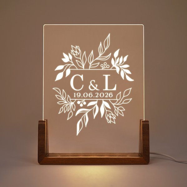 Personligt blommigt monogram initialer LED-nattlampa med namn datum och träbas Heminredning Alla hjärtans dag bröllopspresent för par