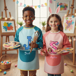 Personalise Bunny Ears Cartoon Character Waterproof Painting Baking Long Sleeve Apron with Initial Name and Pocket Easter Gift for Kid