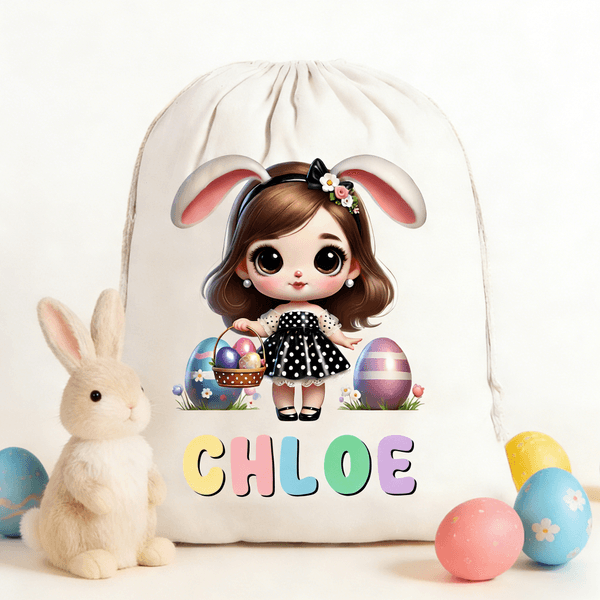 Personalizzato Cute Cartoon Bunny Girl Canvas Drawstring Bag con nome Uso quotidiano Happy Easter Gift per le ragazze