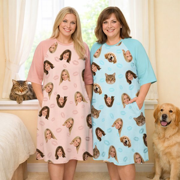 Camicia da notte personalizzata Multicolor Paw Lip Love 1-4 Face Photos con tasca Regalo di compleanno quotidiano per nonna mamma donna amante degli animali.