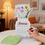 Personalized Watercolor Birth Flower 2026 Desk Calendar with Text and Acrylic Base Home Decor Birthday Gift for Family Friends