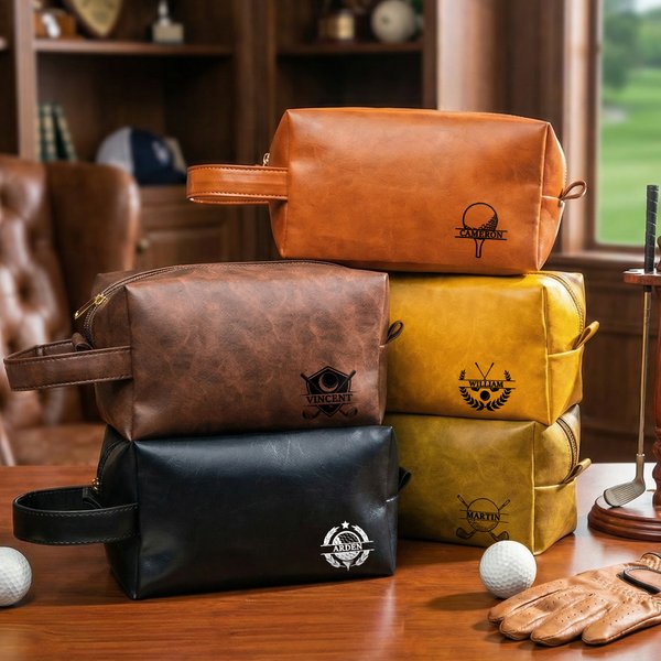 Personalised Golf Ball Design PU Leather Toiletry Bag with Text Travel Accessories Birthday Golf Club Gift for Golf Lover Husband