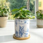 Maceta de cerámica personalizada con foto de mascota Toile de Jouy con agujero de drenaje para el nombre y base de bambú Regalo conmemorativo de pérdida de mascota para dueño de mascota