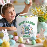 Personalised Happy Easter Faux Yarn Bunny Large Capacity Canvas Basket with Name Eggs Hunting Easter Gift for Boys Girls