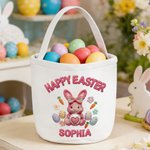 Personalised Happy Easter Faux Yarn Bunny Large Capacity Canvas Basket with Name Eggs Hunting Easter Gift for Boys Girls