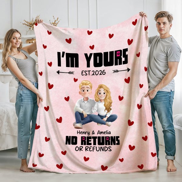 Personalized Cute 3D Cartoon Couple Soft Throw Blanket with Name and Text Valentine's Day Birthday Anniversary Gift for Couples Lovers