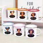 Personalisierte niedlichen Cartoon schwarzes Mädchen 12 oz Emaille Becher mit Namen Geburtstag Geschenk für Mädchen