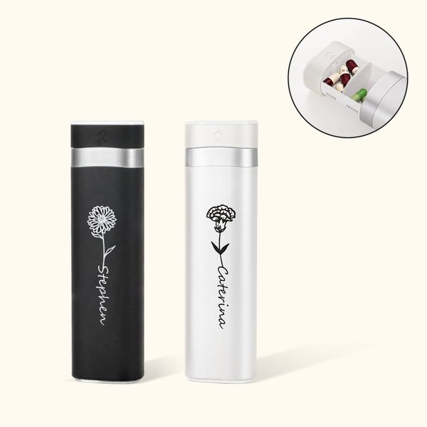 Pilulier Personnalisé avec Nom et Fleur de Naissance Porte-Pilule Hebdomadaire 7 Compartiments pour Vitamines Huiles de Poisson