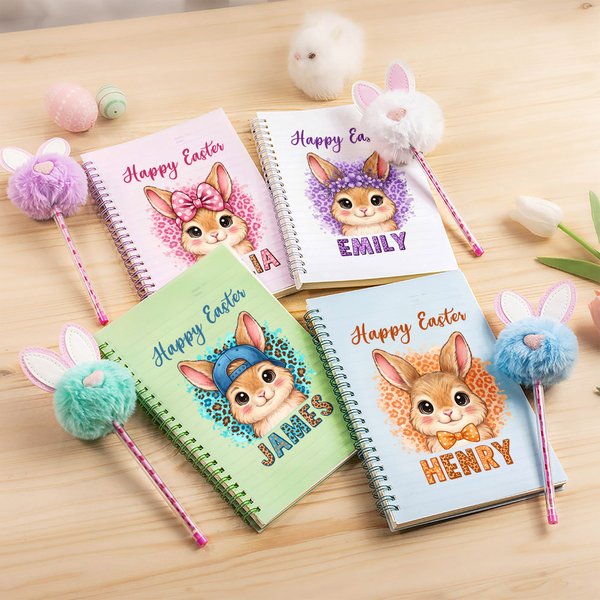Spersonalizowany Happy Easter Cute Rabbit Leopard Print A5 Spiral Notebook and Pom Puff Pen Set with Lined Pages and Name Easter Gift for Kids