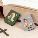 Personalised Cross Bible Book Cartoon Prayer Character PU Leather Magnetic Bookmark Clip with Name Birthday Gift for Bookworms