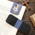 Personalised Cross Bible Book Cartoon Prayer Character PU Leather Magnetic Bookmark Clip with Name Birthday Gift for Bookworms