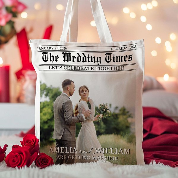 Personalised The Wedding Times Newspaper Photo Canvas Tote Bag with Name and Year Valentine's Day Anniversary Wedding Gift for Women