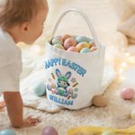 Personalised Happy Easter Faux Yarn Bunny Large Capacity Canvas Basket with Name Eggs Hunting Easter Gift for Boys Girls