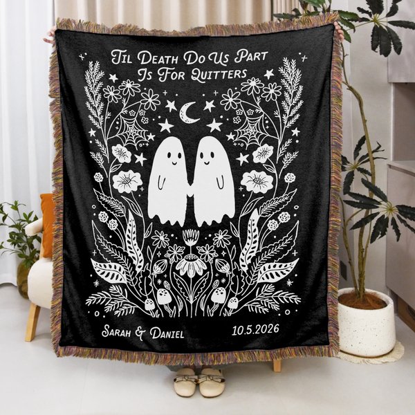 Personalised Gothic Ghost Tassel Blanket with Name and Date Wedding Anniversary Valentine's Day Gift for Couple