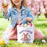 Personalised Happy Easter Faux Yarn Bunny Large Capacity Canvas Basket with Name Eggs Hunting Easter Gift for Boys Girls