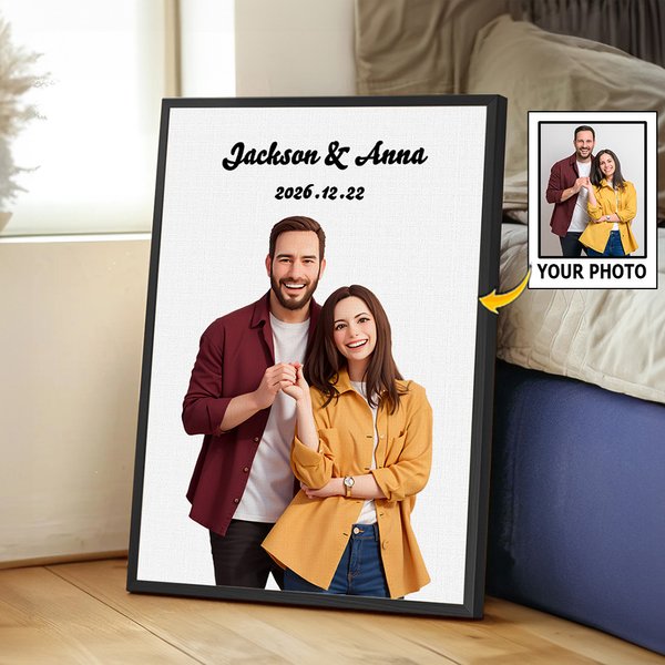 Personalised 3D Cartoon Portrait Photo Canvas Painting with Title and Date Wall Decor Valentine's Day Anniversary Wedding Gift for Couple Family