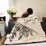 Personalized Line Flowers Tassel Soft Throw Flannel Blanket with Initials and Date Home Decor Wedding Anniversary Valentine's Day Gift for Couples