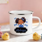 Personalisierte niedlichen Cartoon schwarzes Mädchen 12 oz Emaille Becher mit Namen Geburtstag Geschenk für Mädchen