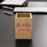 Henkilökohtainen Bambu kynä haltija Desk Organizer nimi ja päivämäärä Office Home Decor Ystävänpäivä lahja pariskunnille