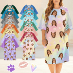 Personalized Multicolor Paw Lip Love 1-4 Face Photos Nightgown with Pocket Daily Wear Birthday Gift for Grandma Mom Woman Pet Lover