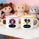 Personalisierte niedlichen Cartoon schwarzes Mädchen 12 oz Emaille Becher mit Namen Geburtstag Geschenk für Mädchen