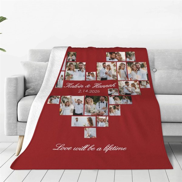 Couverture Personnalisée 24 Photos Collages Coeur avec Texte Cadeau de Mariage pour Couple à la Saint Valentin