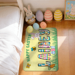 Spersonalizowana wycieraczka Happy Easter Rubbit Miękka antypoślizgowa wycieraczka z imieniem rodziny do użytku domowego Wielkanocny prezent dla przyjaciół rodziny