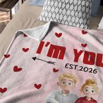 Personalized Cute 3D Cartoon Couple Soft Throw Blanket with Name and Text Valentine's Day Birthday Anniversary Gift for Couples Lovers