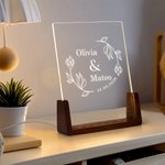 Personligt blommigt monogram initialer LED-nattlampa med namn datum och träbas Heminredning Alla hjärtans dag bröllopspresent för par
