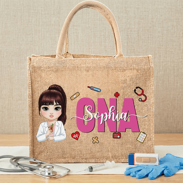 Bolsa de yute reutilizable personalizada con el nombre y la profesión de la enfermera o el médico de dibujos animados Regalo de cumpleaños para el personal médico