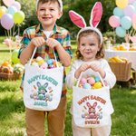Personalised Happy Easter Faux Yarn Bunny Large Capacity Canvas Basket with Name Eggs Hunting Easter Gift for Boys Girls