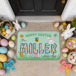 Paillasson personnalisé Happy Easter Rubbit doux et antidérapant avec nom de famille Cadeau de Pâques pour la famille et les amis